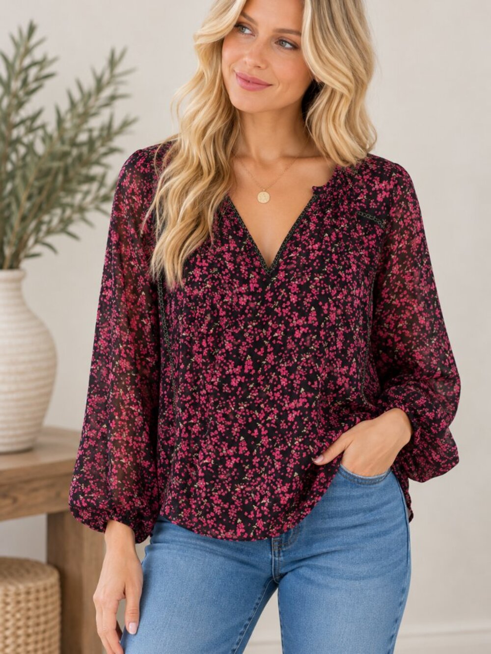 166. Stand Up Collar Henley Slv Blousse